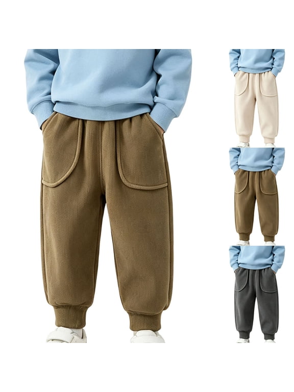 Boys Corduroy Pants Fleece Lined Warm Casual Trousers Elastic Waist with Pockets Khaki