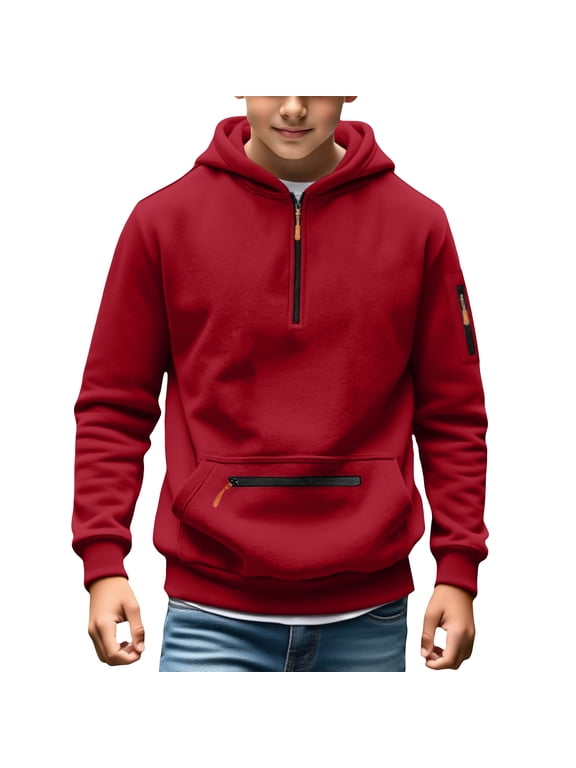 Boys' Hooded Cargo Sweatshirt Kids Light Fleece Long Sleeve Casual Hoodie Loose Pullover with Pockets Red 9 Years