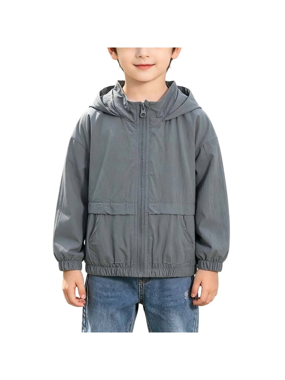 Boys Hooded Sun Protection Jacket Zip-Up Lightweight UPF Windbreaker with Pockets Gray 6-7 Years(6-7 Years)