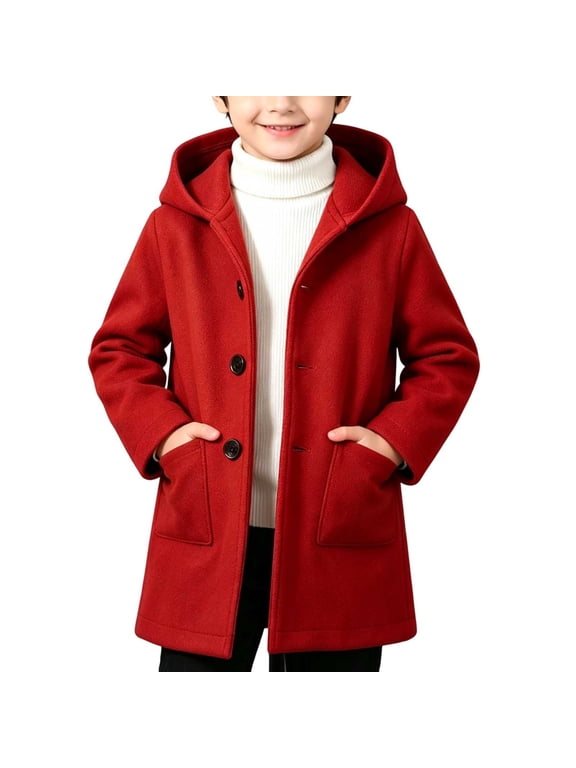 Boys Hooded Wool Blend Coat Button Front Mid-Length Winter Peacoat Red 1-2Years