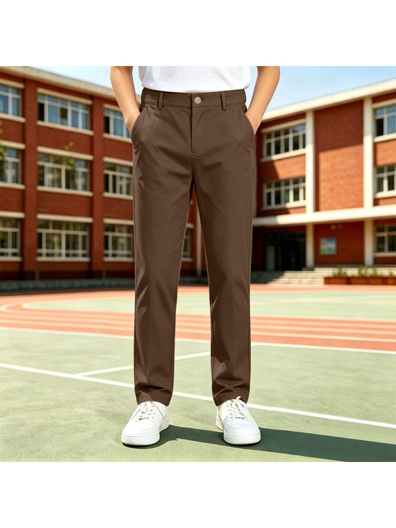 Boys School Pants Elastic Waist Straight Uniform Trousers Khaki 7-8 Years