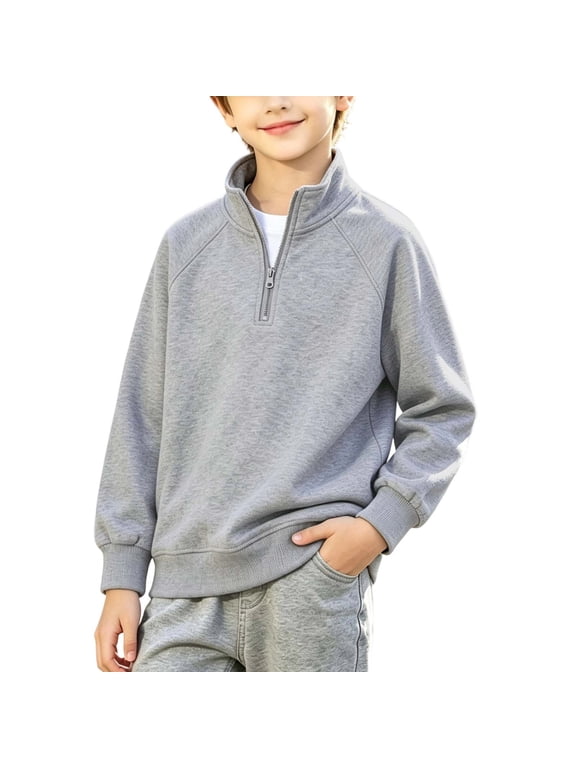 Boys Sweatshirts Quarter Zip Mock Neck Raglan Sleeve Winter Sweaters Pullover Classic Fit Warm Cotton Tops for Kids Gray 14-15 Years(14-15 Years)