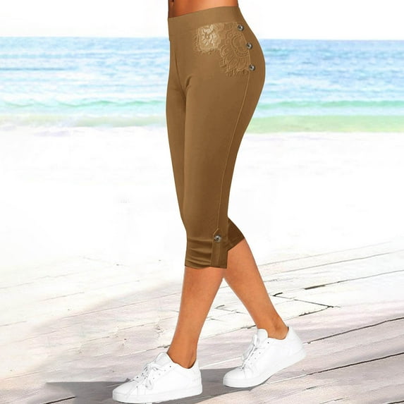 Puntoco Capri Pants for Women Women'S Summer High Waisted Solid Color Capris Matching Slim Fitting Yoga Gym Pants On Clearance Brown 4(S)