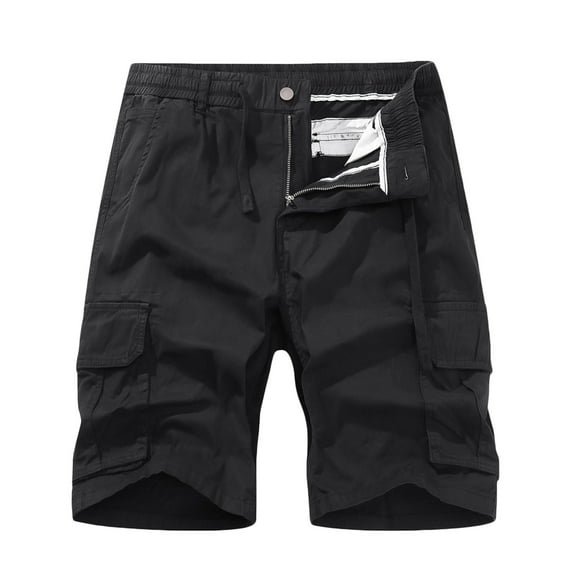 Puntoco Cargo Shorts for Men Stretch Waist,Men Casual Solid Zipper Button Pockets Cropped Cargo Shorts Black 8(L)