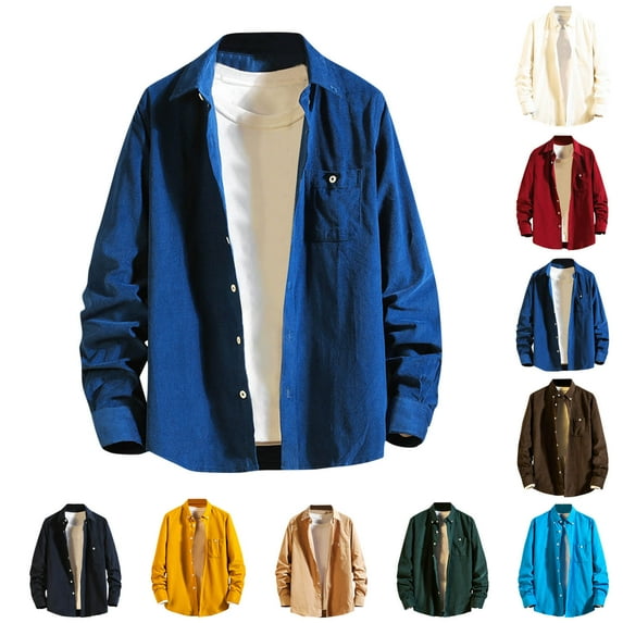 Puntoco Casual Daily Men's Long Sleeve Shirt Solid Color Loose Pocket Shirt for Men Long Sleeve Turndown Collar Blouse Shirt Yellow 8(XL)