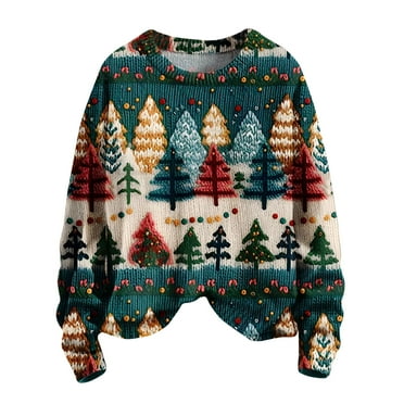 Puntoco Christmas Tops for Women 2024 Women's Christmas Printed Round Neck Long Sleeved Top Loose Fitting Sweater Multicolor 4(S)