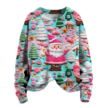 Puntoco Christmas Tops for Women 2024 Women's Christmas Printed Round Neck Long Sleeved Top Loose Fitting Sweater Multicolor 8(L)