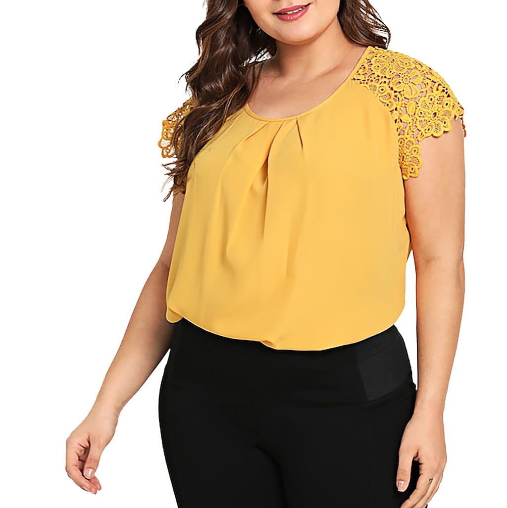 Puntoco Clearance Plus Size Tops,Plus Size Solid Floral Lace Shoulder  T-Shirt Tops Blouse Special offers Yellow 20(XXXXL)