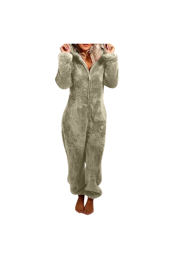 Clearance Women Long Sleeve Hooded Jumpsuit Pajamas Winter Warm Rompe Sleepwear Gray 10(XL)