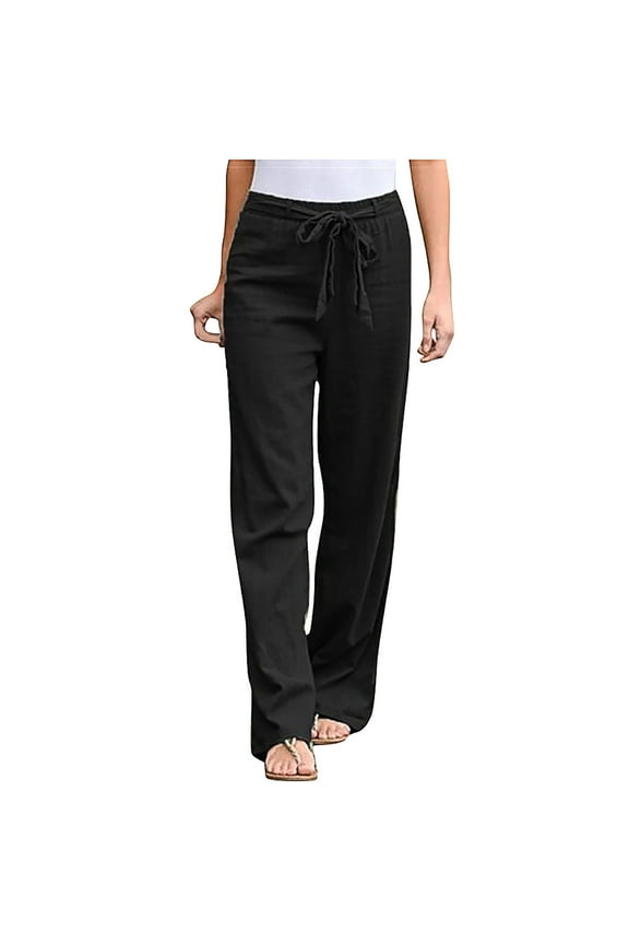 Puntoco Women Pants Solid Drawstring Elastic Waist Long Wide Leg Pants