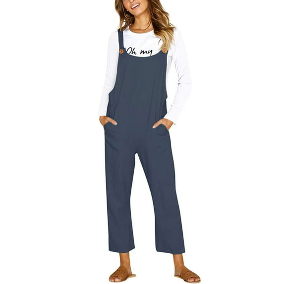 Puntoco Clearance Women'S Jumpsuit Casual Sleeveless Pockets Linen Rompers Long Playsuit Party Jumpsuits Blue 12(XXL)