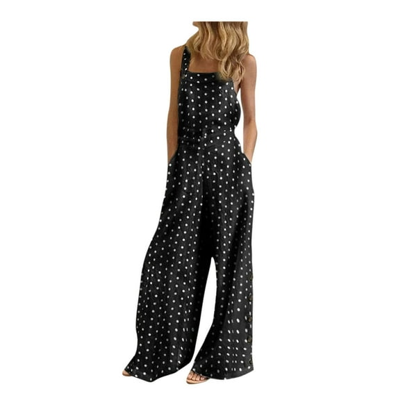 Puntoco Clearance Women'S Sleeveless Overalls Jumpsuit Casual Dot Print Summer Wide Leg Bib Pants Black 6(M)