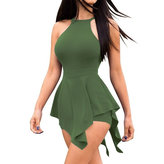 Puntoco Clearance Women'S Zippe Solid Irregular Sleeveless Jumpsuit Shorts Romper Bodysuit Green M(M)
