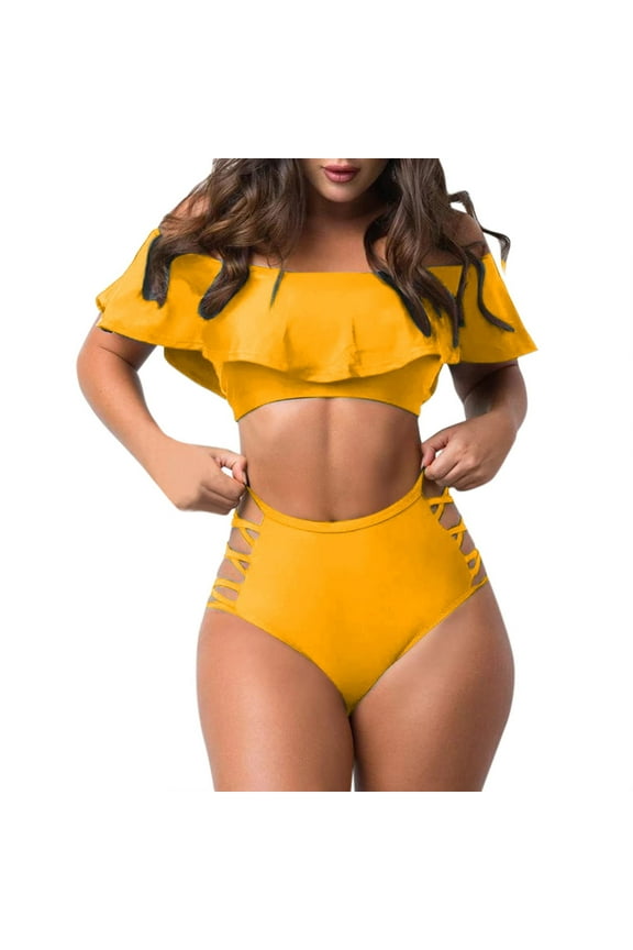 Puntoco Women Two Piece High Waisted Bikini Set Swimsuit Tummy Control Bottoms Ruffle off Shoulder Bathing Suits Yellow 14(XXXL)