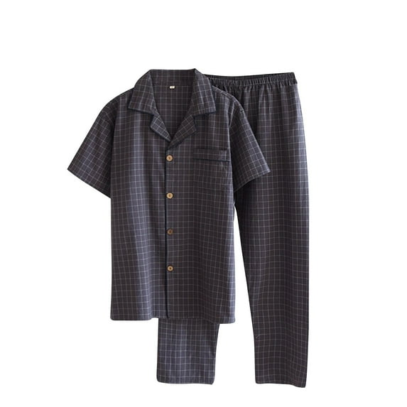 Puntoco Cotton Plaid Pajamas Set for Men Button-Down Lightweight Cozy Sleepwear Sleepwear Short Sleeve Long Pant Pjs Sets Dark Gray M(M)