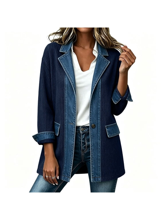 Denim Blazer for Women Patchwork Corduroy Denim Jacket for Fall Long Sleeve Single Button Loose Casual Long Sleeve Coat with Pockets Dark Blue M