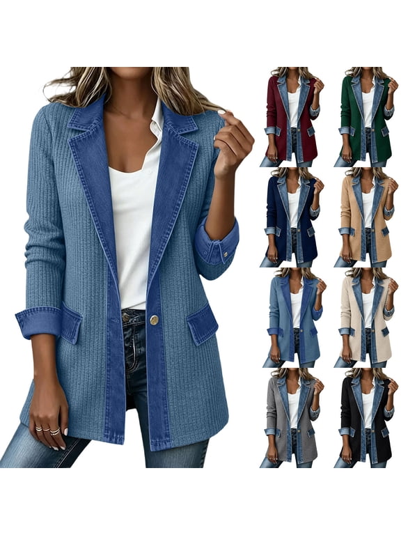 Denim Blazer for Women Patchwork Corduroy Denim Jacket for Fall Long Sleeve Single Button Loose Casual Long Sleeve Coat with Pockets Wine XL