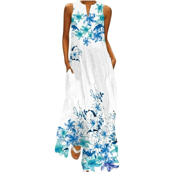 Puntoco Dress Clearance Women's Long Dress with Striped Floral Print Sleeveless Maxi Dress Light blue M(M)