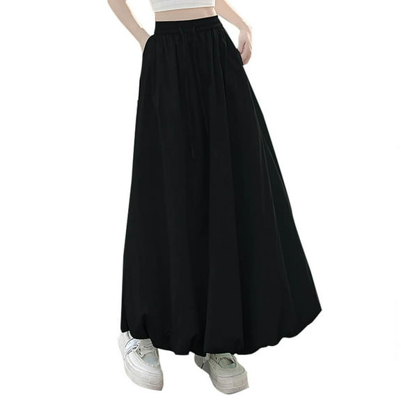 Puntoco Dresses for women 2025 elegant classy Women's Midi Skirt Summer Pleated Flowy Elastic High Waisted Skirts with Pockets Black-A S(S)
