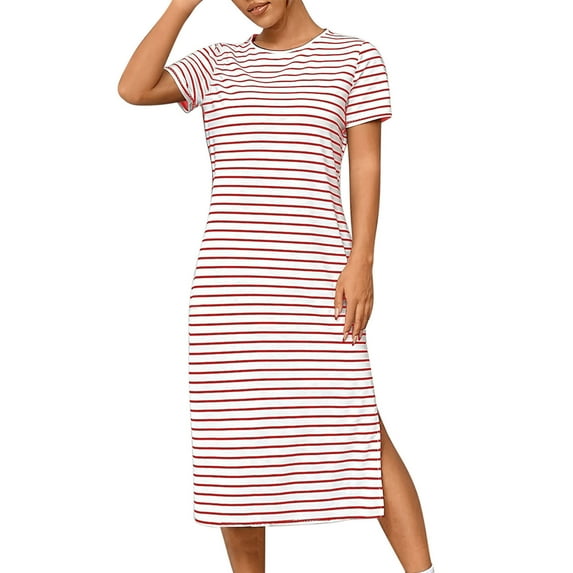 Puntoco Dresses for women 2025 elegant classy Womens Summer Dresses Casual Striped Scoop Neck T Shirt Dress Sundress Red XL(XL)