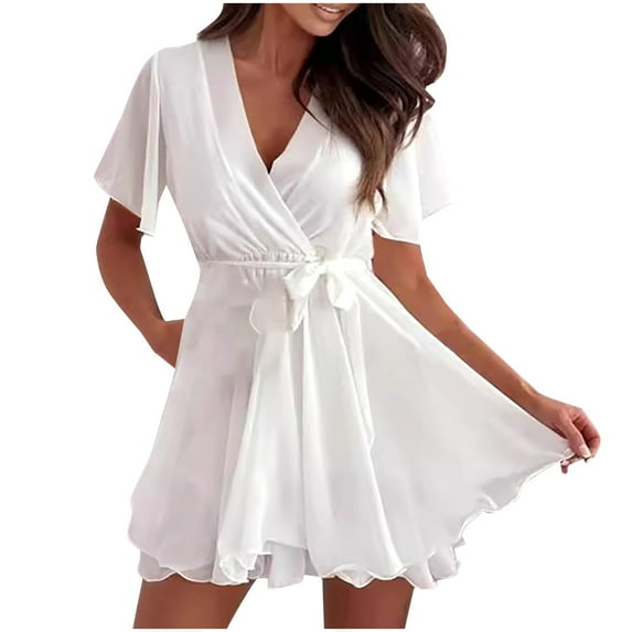 Puntoco Dresses for women 2025 elegant classy Womens V Neck Casual Dresses Summer Loose High Waist Ruffle Pleated Cute Mini Short Dress White XL(XL)
