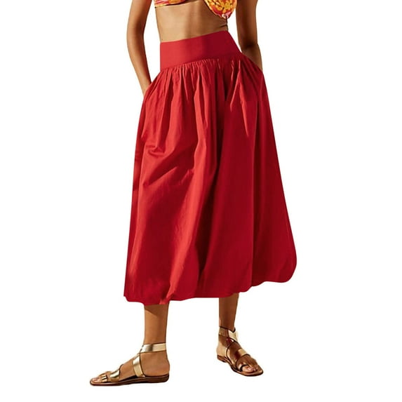 Puntoco Dresses for women Fashion Women Casual Summer Solid Elastic Waist Ankle Skirt Red S(S)