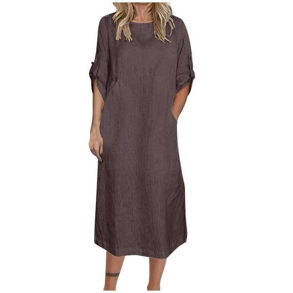 Puntoco Dresses for women Summer Dress for Women Crew Neck Short Sleeve Solid Basic T-Shirts Casual Midi Dresses with Pocket Coffee 10(XL)