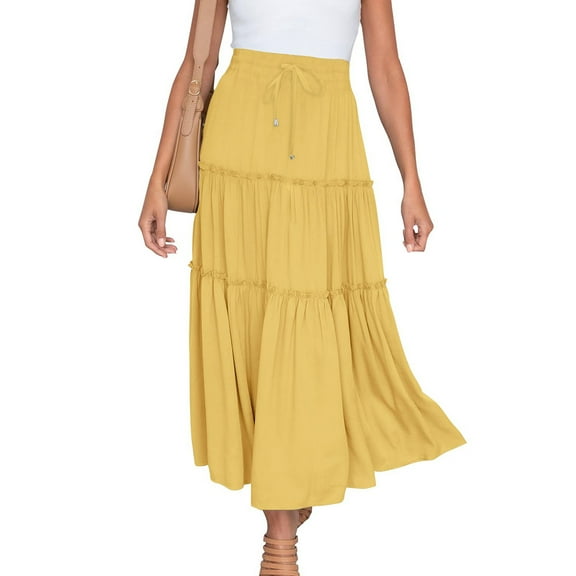 Puntoco Dresses for women Women's Casual Summer Skirts Boho High Elastic Waisted Flowy Drawstring Ruched A Line Tiered Midi Dress Skirt Yellow 10(XL)