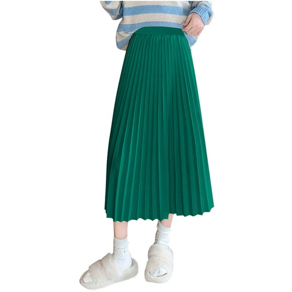 Puntoco Dresses for women Women's Midi Skirt Summer Pleated Flowy Elastic High Waisted Skirts with Pockets Green M(M)