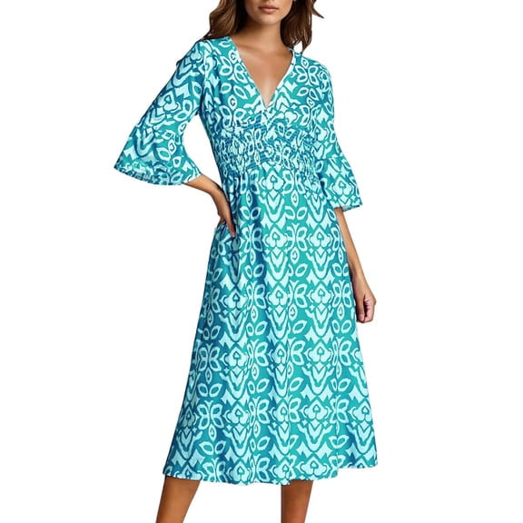 Puntoco Dresses for women Women's Summer High Waisted Midi Skirt Elastic Waistband A-Line Skirt with Pockets Blue M(M)