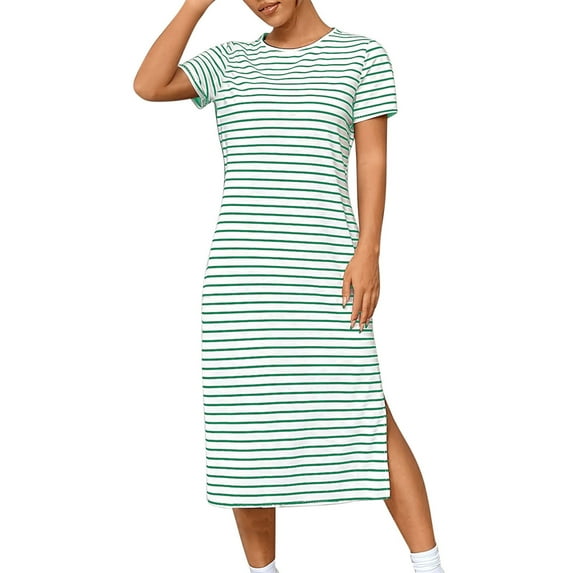 Puntoco Dresses for women Womens Summer Dresses Casual Striped Scoop Neck T Shirt Dress Sundress Green XXXL(XXXL)