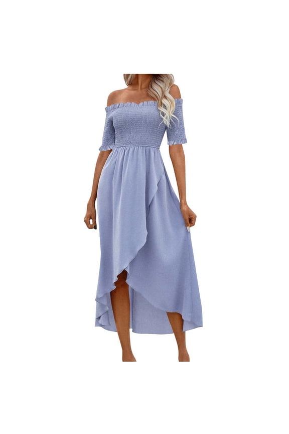 Dresses for women off Shoulder Dresses for Women,Women's Sexy Summer Short Sleeve off Shoulder Ruffle Irregular Dresses Blue L(L)