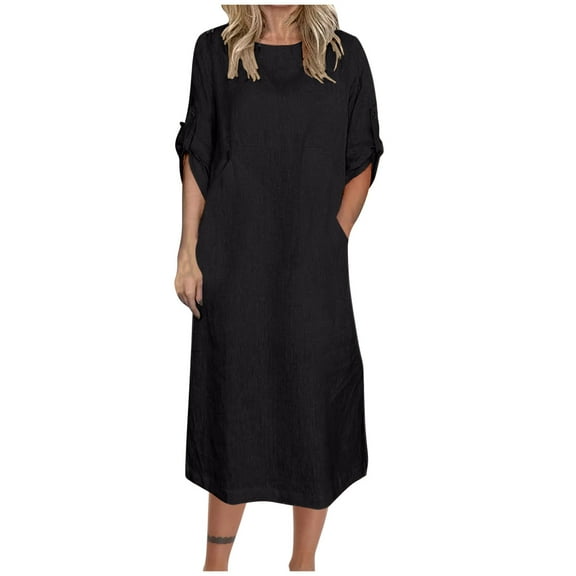 Puntoco Dresses for women 2025 elegant classy Summer Dress for Women Crew Neck Short Sleeve Solid Basic T-Shirts Casual Midi Dresses with Pocket Black 4(S)