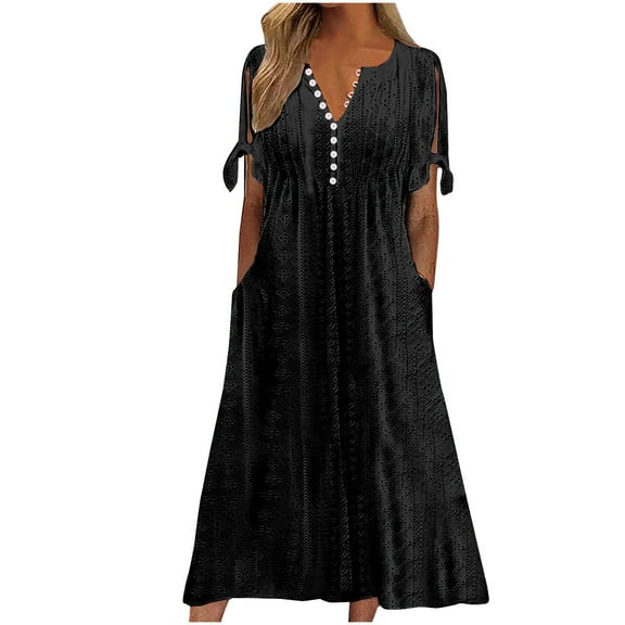Puntoco Dresses for women 2025 elegant classy Women's Summer Midi Dress 2025 Casual Short Sleeve V Neck Buttons Belted Ruffle A Line Flowy Dress with Pockets Black 4(S)