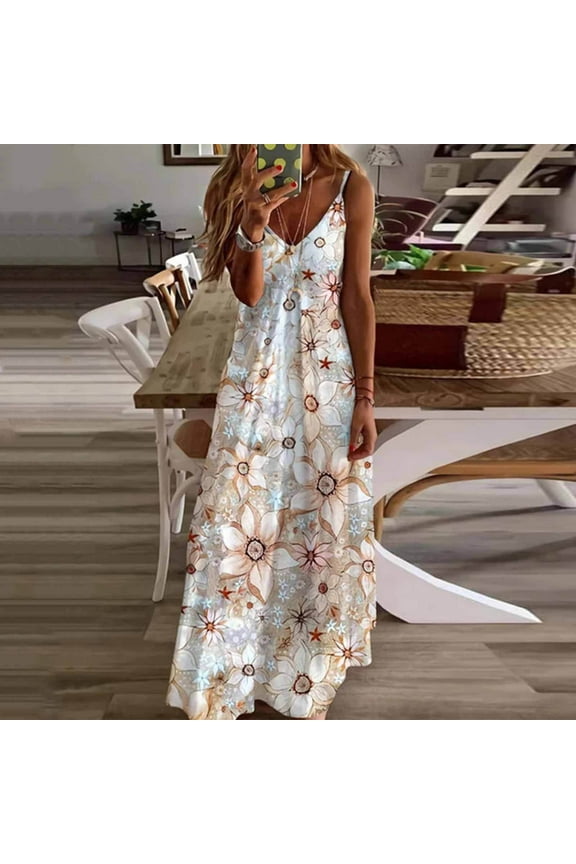Fashion Women Summer Dress V-Neck Casual Printing Loose Sleeveless Loose Long Dress White 8(L)