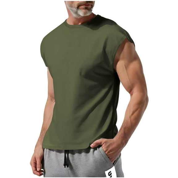 Puntoco Fashionable Men's Sleeveless Casual Solid Color Thin Shoulder T-shirt Army Green-T L(L)