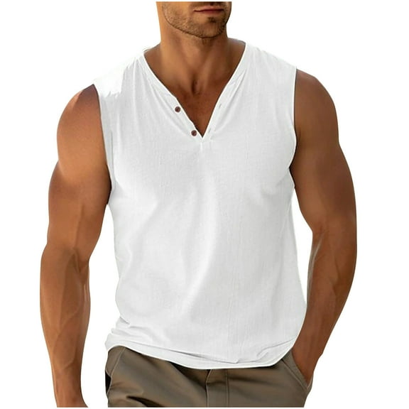 Puntoco Fashionable Men's Solid Color Casual V-neck Sleeveless T-shirt White S(S)