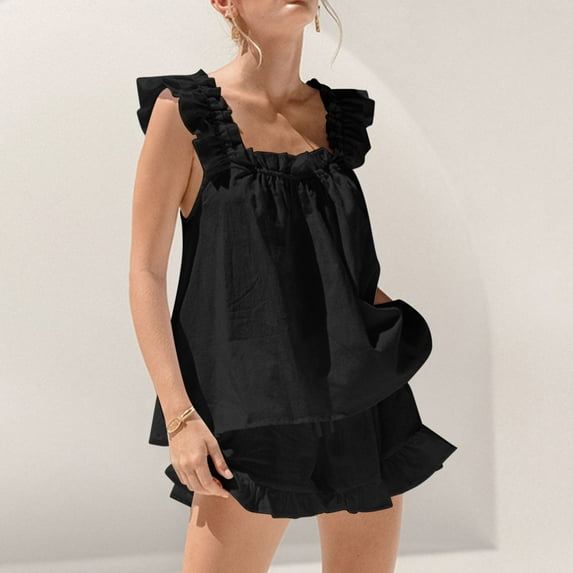 Puntoco Flare Leg Pants for Women Women'S Casual Solid Color Sleeveless Ruffled Shorts Set Casual Pajamas Sleeveless Collar Top/Shirt Set On Clearance Black 10(XL)