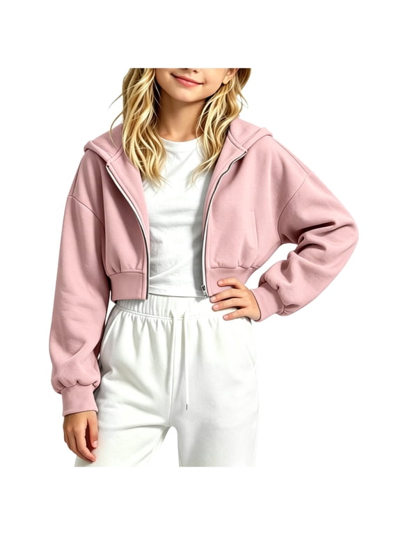 Full Zip Cropped Hoodies for Kids Long Sleeve Athletic Sweatshirt Jacket for Boys Girls Pink 5 Years