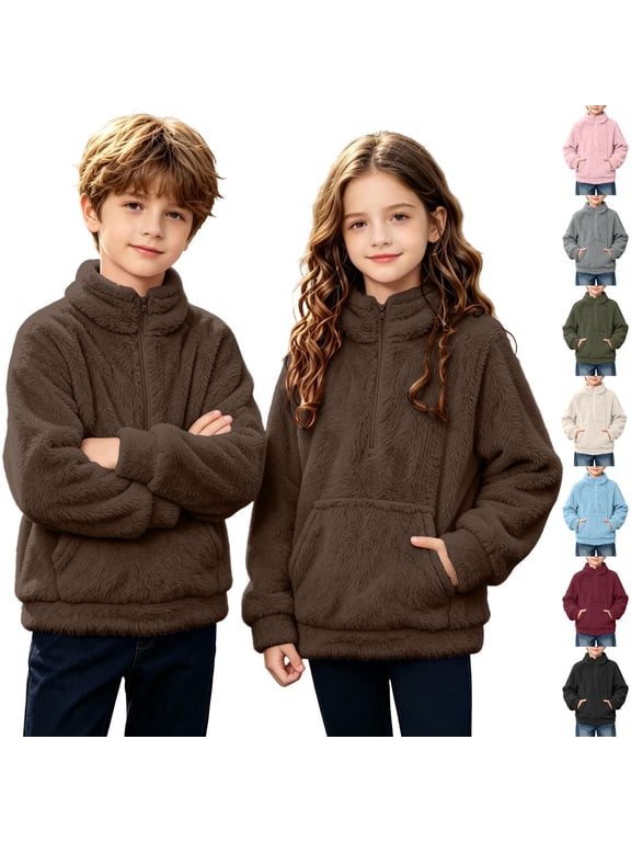 Fuzzy Half Zip Pullover Sweatshirt for Boys Girls Fleece Warm Crewneck Cozy Top with Pockets for Kids Light Blue-A 13-14 Years