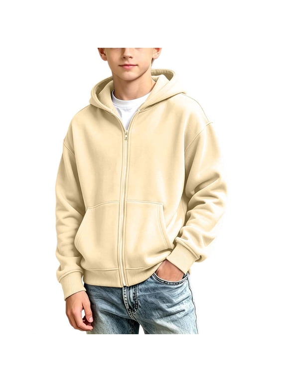 Girls Boys Zip up Hoodies Fleece Lined Casual Sweatshirts Jacket Fall Winter Hoodie Outerwear with Pocket Beige 5-6 Years