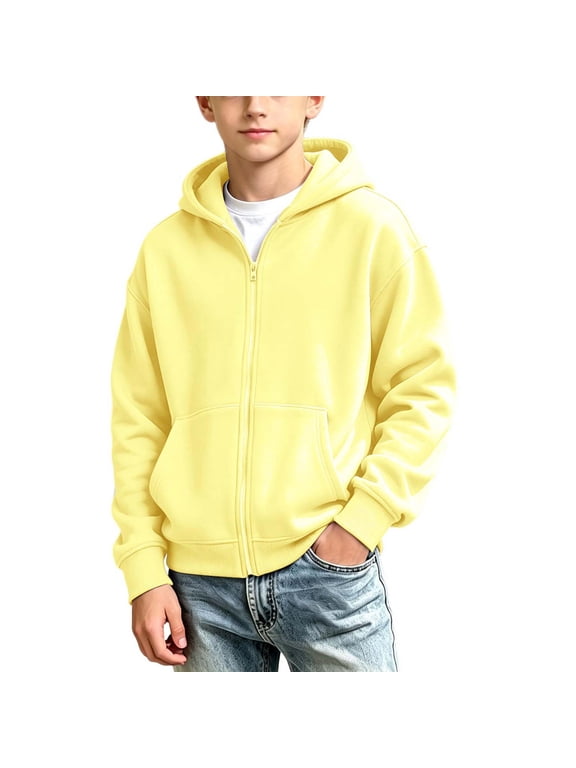 Girls Boys Zip up Hoodies Fleece Lined Casual Sweatshirts Jacket Fall Winter Hoodie Outerwear with Pocket Yellow 14-15 Years