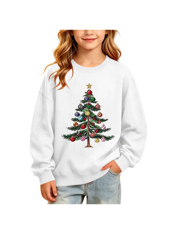 Girls Christmas Sweatshirts Long Sleeve Pullover Crew Neck Fleece Warm Kids Festival Tops White 15-16 Years