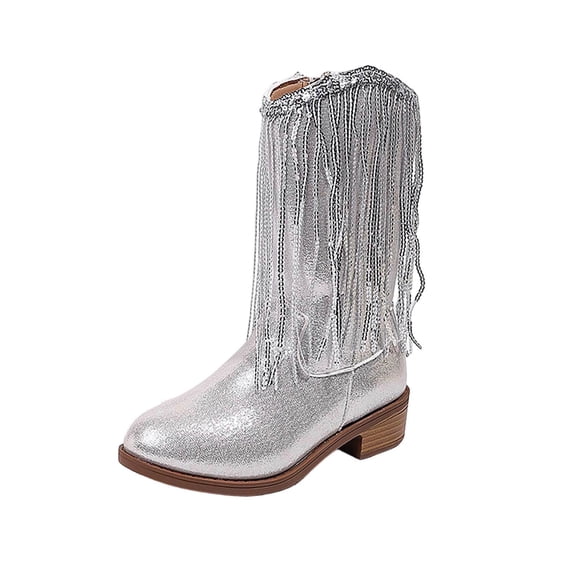 Puntoco Girls Glitter Fringe Cowboy Mid-Calf Boots Round Toe Side Zipper Low Block Heel Western Sparkly Tassel Boots for Party