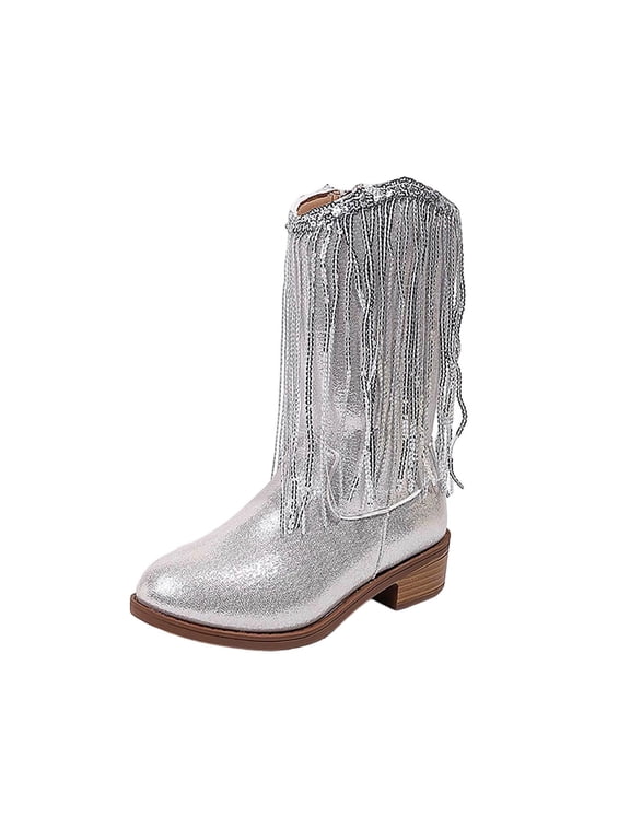 Girls Glitter Fringe Cowboy Mid-Calf Boots Round Toe Side Zipper Low Block Heel Western Sparkly Tassel Boots for Party