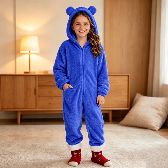 Puntoco Girls Hooded Onesie Pajamas Fleece Zip Up Romper Warm Lined Sleepwear Blue-C 4-5 Years