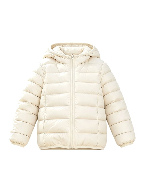 Girls Hooded Puffer Jacket Full Zip Lightweight Quilted Keep Warm Winter Outerwear Coat Beige 9-10Years