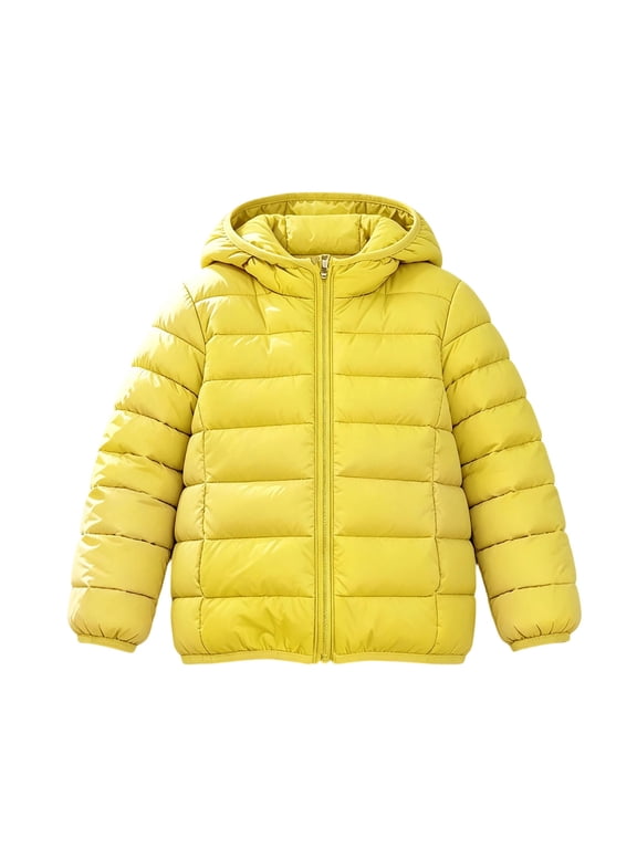 Girls Hooded Puffer Jacket Full Zip Lightweight Quilted Keep Warm Winter Outerwear Coat Yellow 1-2Years