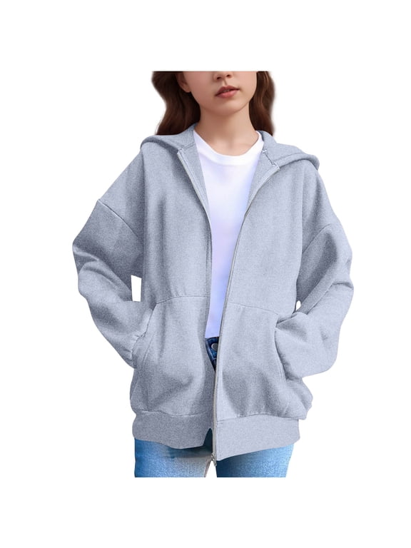 Girls Hoodie Pullover Sweatshirt Drop Shoulder with Pocket Gray 120(5-6 Years)