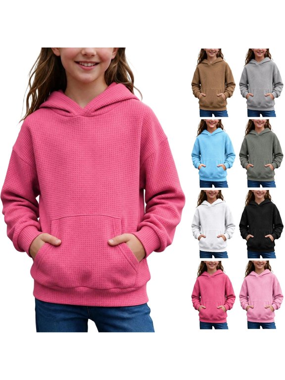 Girls Hoodie Waffle Pullover Sweatshirt Drop Shoulder Long Sleeve Hooded Tops with Kangaroo Pocket White 170(14-15 Years)